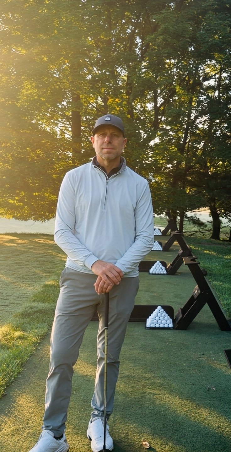 Joe Spivak standing on the driving range at sunrise, hands resting on a golf club